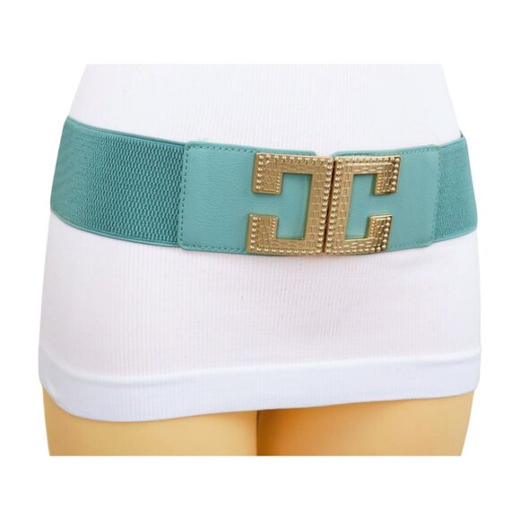 New Women Mint Blue Green Color Elastic Fashion Belt Gold Metal C Buckle S M - Picture 4 of 17